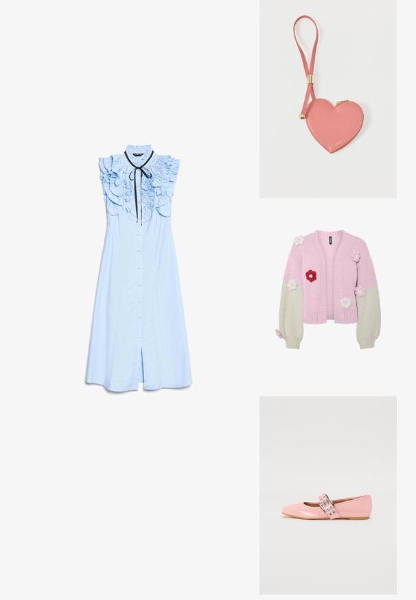 Strikket cardigan i pink og creme, med blomsterapplikationer i rød, pink og hvid. Den har en ribbet krave og ballontommer.; Lyseblå, ærmeløs midi-kjole med bølgede skulderdetaljer og front, knaplukning og sort båndsløjfe ved høj krave.; Lyserøde patentlæder balletflade sko med firkantet tå, spænde detalje og flad gummisål. Glat tekstur hele vejen igennem.; Lyserød hjerteformet lædermøntpose med håndledsrem og guldlås, mærket med lille gyldent "Furla"-tekst.
