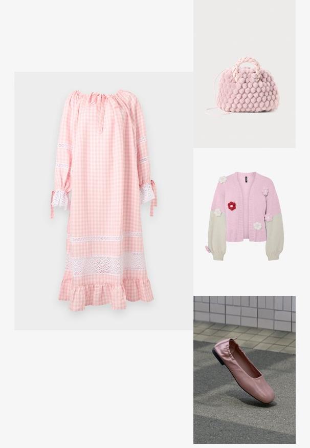 Cardigan en tricot rose et crème, orné d'appliqués floraux rouges, roses et blancs. Il présente un col côtelé et des manches bouffantes.; Nuisette en gingham rose et blanc avec manches longues bouffantes, bordure en dentelle aux manches et à l'ourlet, et détail à volants en bas.; Chaussure plate en cuir rose avec talon élastiqué flottant au-dessus d’un sol en asphalte gris, mur carrelé en arrière-plan.; Sac à main en pompon rose texturé avec une poignée tressée et une fine sangle. Forme ronde, surface douce, design compact.