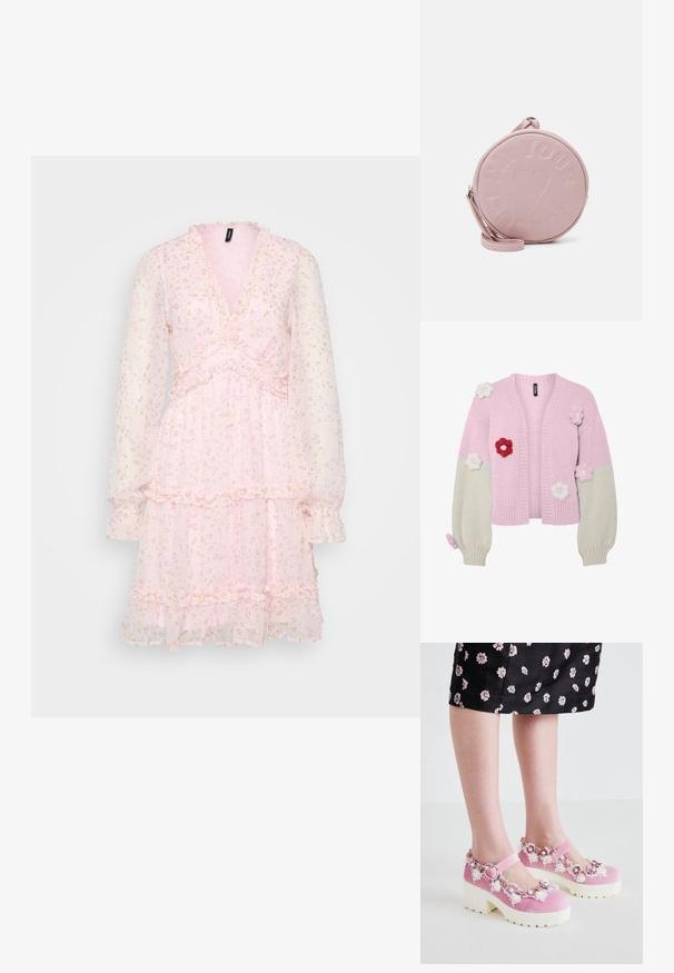 Strikket cardigan i pink og creme, med blomsterapplikationer i rød, pink og hvid. Den har en ribbet krave og ballontommer.; Pink blomstret kjole med lange gennemsigtige ærmer, v-udskæring, flæse detaljer og lagdelt skørt. Lavet af letvægts, tætsiddende stof.; Lyserøde fløjl Mary Jane-sko med hvide platformssåler, pyntet med blomsterapplikationer og blonder omkring åbningen og ankelremmen.; Rund, lyserød lædertaske med præget tekst og hjerte-design, der har en aftagelig skulderrem og en glat overflade.