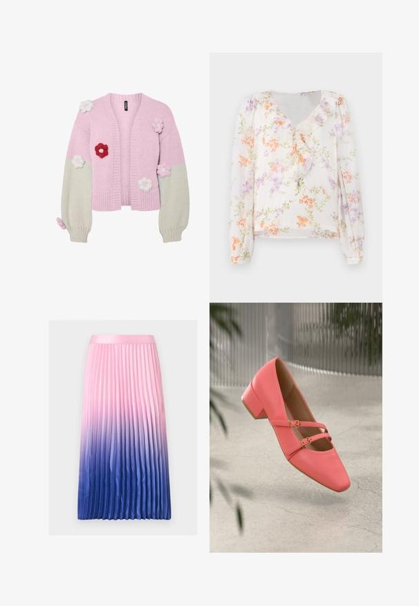 Cárdigan de punto en rosa y crema, con apliques florales en rojo, rosa y blanco. Tiene un cuello acanalado y mangas globo.; Blusa floral hecha de tejido ligero, con escote en V, frente con volantes, mangas largas y un fondo blanco con flores naranjas y moradas.; Falda midi plisada con un degradado de color que va de rosa claro en la cintura a azul intenso en el dobladillo.; Zapato bajo de piel coral con tacón bajo y punta afilada, que presenta dos correas y hebillas en tono dorado. Textura suave, diseño minimalista.