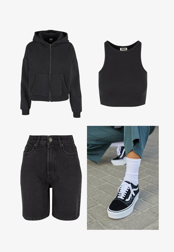 Schwarze Zip-Hoodie mit Kordelzugkapuze, zwei Fronttaschen, gerippten Bündchen und einer weichen Textur, entworfen für Komfort und Wärme.; Schwarzes, geripptes Crop-Top mit ärmellosem Design. Verfügt über einen runden Halsausschnitt und eine glatte Textur. Etikett im Nacken sichtbar.; Schwarze Denim-Shorts mit hoher Taille, Fünf-Taschen-Design und Metallknopfverschluss. Der Stoff hat eine glatte Textur mit dezentem Verblassen.; Schwarze Wildledersneaker mit weißen Akzenten und Schnürsenkeln, ausgestattet mit einer dicken weißen Sohle und kontrastierenden Nähten, kombiniert mit einer weißen Socke.