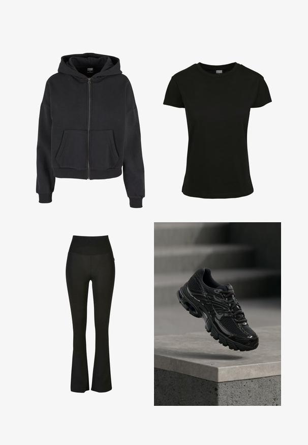 Sort zip-up hættetrøje med snøre i hætten, to forlommer, ribbet manchetter og en blød tekstur, designet til komfort og varme.; Sort kortærmet t-shirt lavet af bomuld. Har en rund hals og en standard pasform med en glat tekstur. Ingen synlige mønstre eller accenter.; Sorte flared leggings med høj talje, lavet af et glat, strækbart materiale. Har en tætsiddende silhuet og diskrete sømme.; Sort Nike løbesko med mesh og syntetisk overdel, der svæver over en betonoverflade og trin i baggrunden.