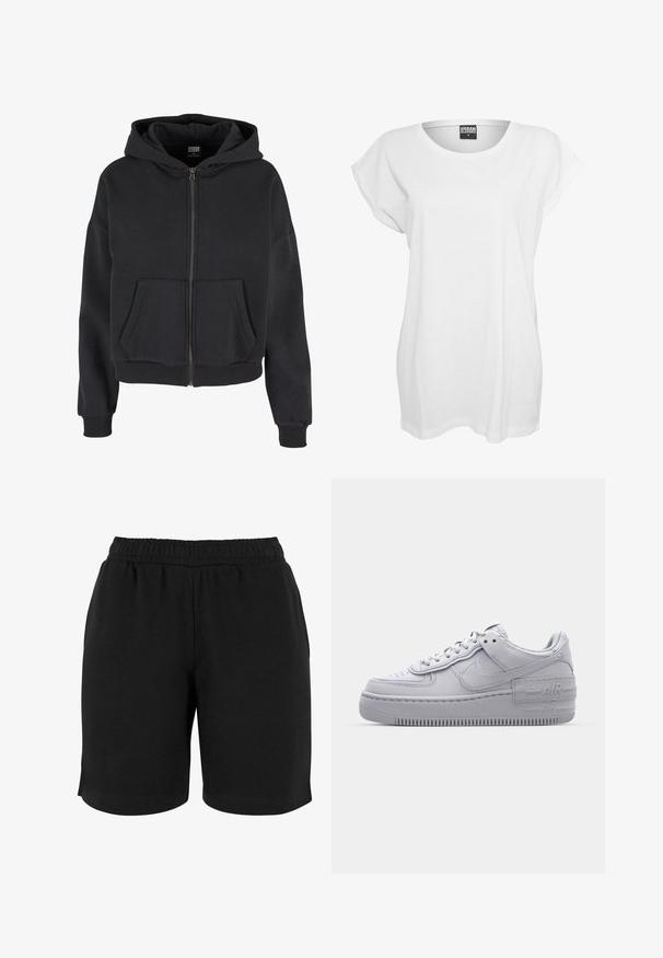 Sort zip-up hættetrøje med snøre i hætten, to forlommer, ribbet manchetter og en blød tekstur, designet til komfort og varme.; Hvid kortærmet t-shirt lavet af bomuld, med en afslappet pasform, bred halsudskæring og minimalistisk design uden mønstre eller accenter.; Sorte bomulds shorts med elastisk talje, der har en glat tekstur og en simpel pasform. Ingen lommer eller udsmykninger er synlige.; Grå Nike Air Force 1 sneakers med perforeret tå, glat læderoverdel, tyk sål og præget 'AIR' detalje på hælen.