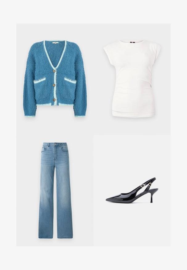 Blauer, flauschiger Cardigan mit V-Ausschnitt, weißer Paspelierung, drei Holzknöpfen vorne und zwei Vorder Taschen.; Weißes, figurbetontes T-Shirt mit kurzen Ärmeln und Rundhalsausschnitt vor schlichtem Hintergrund, mit leichtem seitlichem Raffdetail.; Helleblaue hochtaillierte Jeans mit geradem Bein. Aus Denim gefertigt, mit fünf Taschen und einem Knopfverschluss.; Schwarzer Slingback-Schuh aus Lackleder mit spitzer Spitze, verstellbarem Schnallenriemen und schlankem, hohem Absatz. Verfügt über seitliche offene Ausschnittdesigns.
