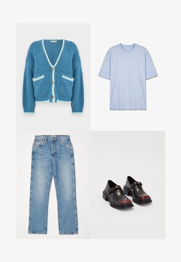 Blå blød cardigan med V-hals, med hvid kant, tre træknapper foran og to forlommer.; Lyseblå T-shirt med korte ærmer, rund hals og hvidt "PEGADOR" logo centreret på brystet.; RE/DONE HIGH RISE - Jeans Straight Leg - worn blue; Læder sko med blokhæl i en blank mørk burgunderrød finish, med en spænde rem og rund tå design. Struktureret ydersål for bedre greb.
