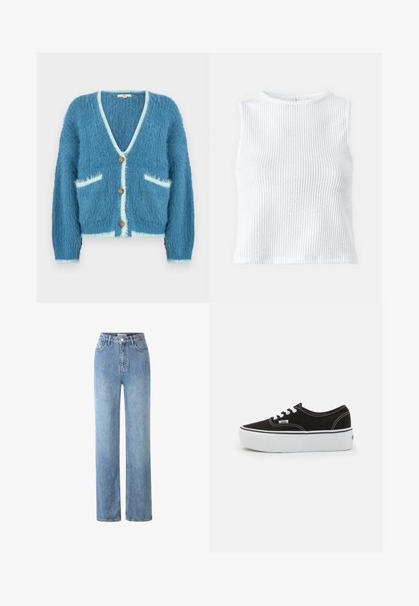 Blauwe, zachte cardigan met een V-hals, voorzien van witte biezen, drie houten knopen aan de voorkant en twee zakken aan de voorkant.; Witte mouwloze top van een gestructureerde, geribbelde stof. Heeft een ronde hals en een getailleerd ontwerp, met een schoon en minimalistisch silhouet.; Lichtblauwe high-waisted jeans, gemaakt van denim, met een rechte pasvorm, vijf zakken en een metalen knoopsluiting.; Zwarte canvas sneaker met een witte rubberen platformzool, voorzien van witte veters en stiksels, iconische branding op de zijkant, low-top ontwerp.