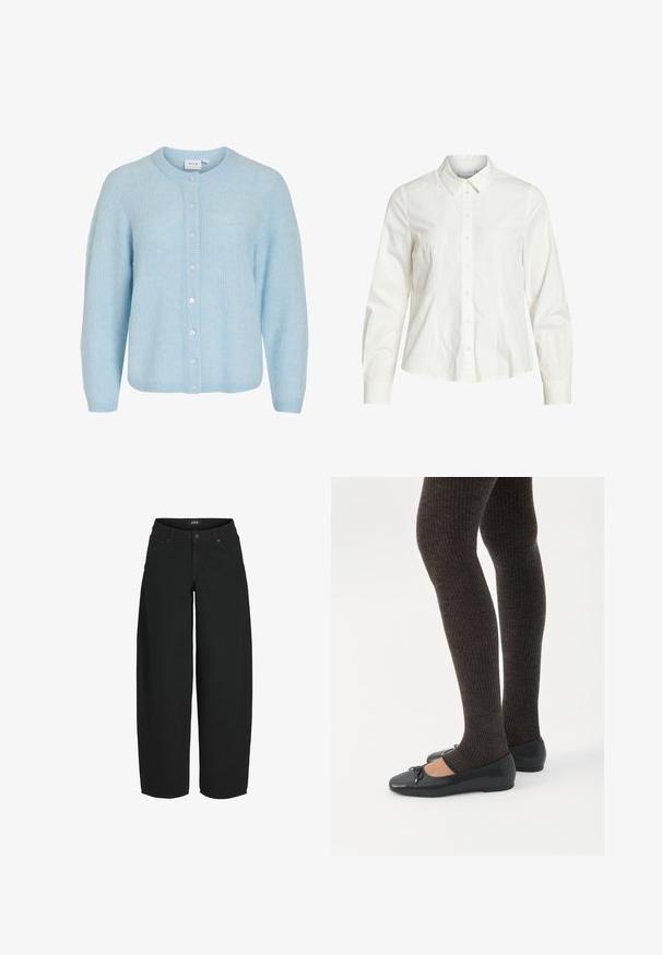 Lyseblå strikket cardigan med lange ærmer, rund halsudskæring og knaplukning foran.; Hvid skjorte med knapper lavet af bomuld, med klassisk krave, lange ærmer og diskrete pintuck-detaljer fortil. Glat tekstur.; Sorte vidde-korte jeans med knap- og lynlåslukning foran, lommer foran og bagpå samt mærket bæltelabel.; Ben iført mørke ribbede leggings kombineret med sorte balletsko med små sløjfedetaljer på hvid baggrund.