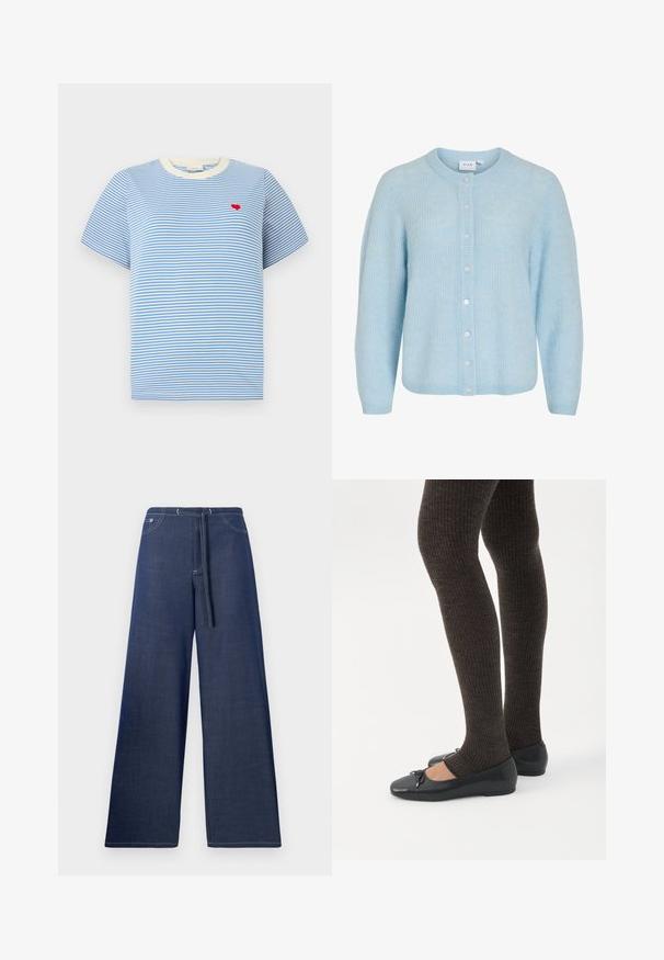 Lyseblå strikket cardigan med lange ærmer, rund halsudskæring og knaplukning foran.; Blåstribet t-shirt med kortærmer, cremede ribbede krave og en lille broderet rød hjerte på brystet. Mellemstof i bomuld.; Bredde ben denim bukser i mørkeblå, med en snoretræk i taljen, forlommer og kontrasterende hvide sømdetaljer.; Ben iført mørke ribbede leggings kombineret med sorte balletsko med små sløjfedetaljer på hvid baggrund.