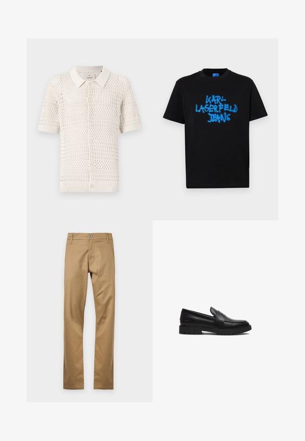 Kortærmet, lys beige strikket polo skjorte med et åbent vævemønster, der har en krave og seks knaplukninger.; Sort bomulds t-shirt med korte ærmer, der har blå spraymalt "KARL LAGERFELD JEANS" tekst på fronten i en fed, graffiti-stil.; Tan bomuldsbukser med lige ben-design, der har en frontknaplukning, bæltestropper og sidelommer. Glat tekstur.; Les Deux THATCHER - Loafers - black