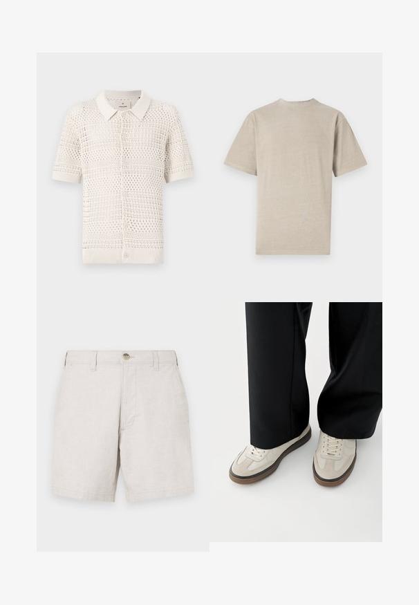 Polo de manga corta de color beige claro, de punto, con un patrón de tejido abierto, que presenta un cuello con solapa y seis botones.; Camiseta de manga corta en beige claro con cuello redondo, fabricada en un tejido suave, que presenta una textura lisa y un diseño simple sin gráficos.; Shorts de lino beige con corte recto, con cierre frontal de botón, presillas para cinturón y dos bolsillos laterales. Tejido texturizado.; Pies con zapatillas beige con suelas marrones y pantalones negros de pierna ancha sobre un fondo blanco.
