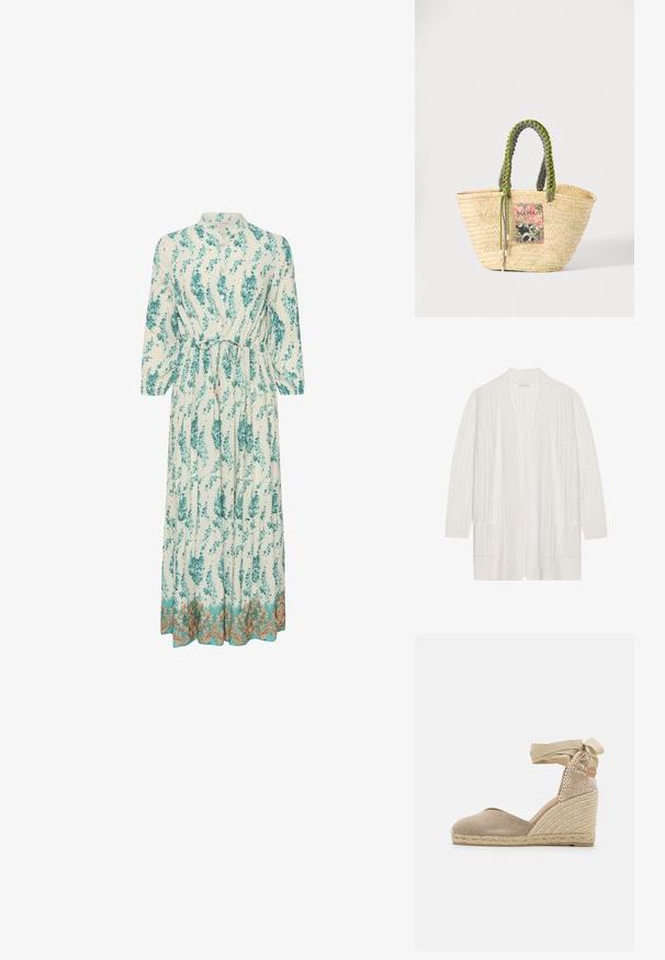Hvid ribbet cardigan med åben front, lange ærmer og to frontlommer. Blød tekstur, letvægtigt stof velegnet til lag-på-lag.; Lang, let kjole med blomsterprint i teal og hvid. Har en høj krave, lange ærmer og en dekorativ guldkant.; Beige espadrille kile med en tekstureret stofoverdel, vævet jutehæl og et bånd, der ties om anklen for en sikker pasform.; Vævet beige stråtaske med flettede grønne og sorte håndtag og en farverig rektangulær lap foran.