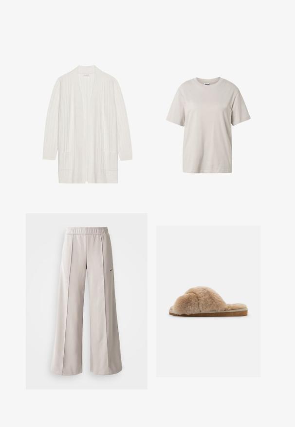 Cárdigan blanco con canalé, de frontón abierto, mangas largas y dos bolsillos delanteros. Textura suave, tejido ligero adecuado para superponer.; Camiseta de algodón color beige claro de manga corta con cuello redondo, dobladillo recto, diseño sencillo y etiqueta Urban Classics en el interior del cuello.; Pantalones de pierna ancha en gris claro, confeccionados con una tela suave. Presentan una cinturilla elástica y el logotipo negro de Nike en el lado izquierdo.; Zapatilla de felpa beige con una textura suave, parte trasera abierta y un forro interior. Suela plana con una base marrón clara y costuras beige.