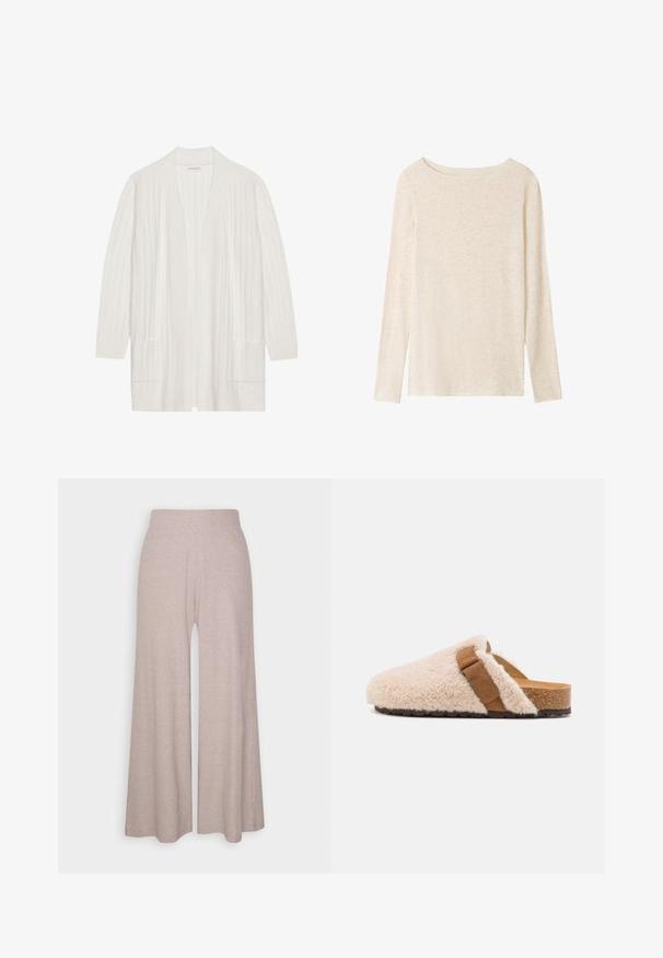 Cárdigan blanco con canalé, de frontón abierto, mangas largas y dos bolsillos delanteros. Textura suave, tejido ligero adecuado para superponer.; Top de punto beige claro de manga larga con escote barco y una textura jaspeada sutil.; Pantalones de pierna ancha en gris claro, hechos de una suave tela de canalé, con una cinturilla alta y piernas de largo completo con una sutil textura.; Zuecos de piel de oveja en color beige con una tira de ante marrón, plantilla de corcho y suela exterior de goma texturizada, diseñados para comodidad y uso casual.