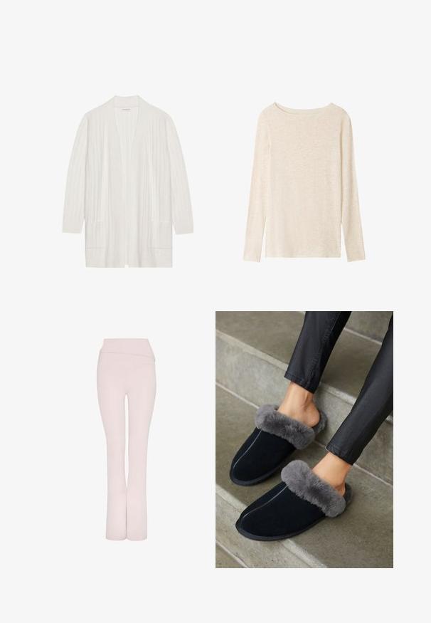 Witte geribde cardigan met een open voorkant, lange mouwen en twee voorzakken. Zachte textuur, lichtgewicht stof geschikt voor het laagjes dragen.; Lichtbeige fijngebreide top met lange mouwen, boothals en een subtiele gemêleerde structuur.; Lichtroze uitlopende broek met een brede tailleband en een gladde textuur. Heeft een schoon, gestroomlijnd ontwerp zonder extra versieringen.; Zwarte suède slippers met een grijze nepbont omslag, ronde neus en contrasterende stiksels. Zachte textuur en instapontwerp voor gemakkelijk aan- en uittrekken.