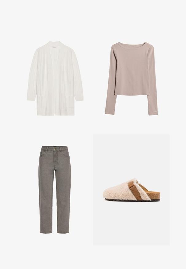 Hvid ribbet cardigan med åben front, lange ærmer og to frontlommer. Blød tekstur, letvægtigt stof velegnet til lag-på-lag.; Lys beige langærmet skjorte lavet af blødt, strækbart stof. Har en bred halsudskæring og en let cropped bund. Diskrete syninger.; Grå denim jeans med lige ben, knap- og lynlåslukning, for- og baglommer og bæltestropper.; Beige shearling slip-on klipklapper med en brun suedebånd, korkfod og struktureret gummiyderside, designet til komfort og afslappet brug.