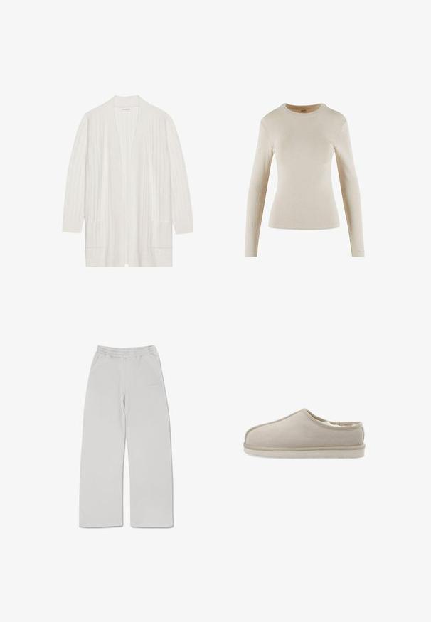 Hvid ribbet cardigan med åben front, lange ærmer og to frontlommer. Blød tekstur, letvægtigt stof velegnet til lag-på-lag.; Beige langærmet ribbet top med rund halsudskæring; har en tætsiddende design og et lille logo-accent på manchetten.; Lysegrå sweatpants lavet af blødt stof, med elastisk talje, to sidelommer og lige snit.; Bianco Backless Loafer BIASNOW - Slip-on sandaler - sand