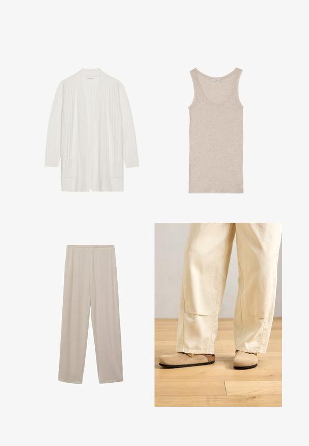 Cardigan blanc côtelé à fronçage ouvert, à manches longues et avec deux poches frontales. Texture douce, tissu léger adapté aux superpositions.; Débardeur sans manches beige en tissu léger, avec un col rond et une coupe décontractée, présentant un aspect doux et texturé.; Pantalon beige clair à jambes droites avec une ceinture élastique, fabriqué en tissu doux et lisse, présenté sur un fond blanc.; Pantalons larges beiges portés avec des sabots en suède tan de style Birkenstock sur un sol en bois clair.