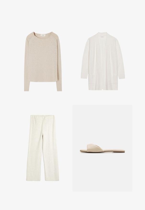 Hvid ribbet cardigan med åben front, lange ærmer og to frontlommer. Blød tekstur, letvægtigt stof velegnet til lag-på-lag.; Beige langærmet top med et blødt, struktureret stof. Har en rund halsudskæring og raglanærmer. Buet søm med en afslappet pasform.; Koton WIDE LEG - Træningsbukser - beige; Flade sandaler i blødt beige materiale, med åben tå design, glat struktur og minimalistisk form med en lysbrun sål.