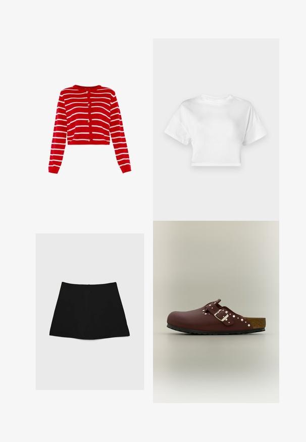 Rød kort cardigan med hvide vandrette striber og knapper foran, lange ærmer og rund halsudskæring.; Hvid cropped t-shirt lavet af bomuld. Korte ærmer, rund halsudskæring, glat tekstur, afslappet design uden mønstre eller pynt.; Sort mini nederdel med en glat tekstur, A-linjeform og buet nederkant. Har en lynlås bagpå til lukning, uden yderligere mønstre eller accenter.; Brun slip-on træsko med korkindlæg, sølvspænde og små runde metalnitter langs den øverste kant og ved spænderne.