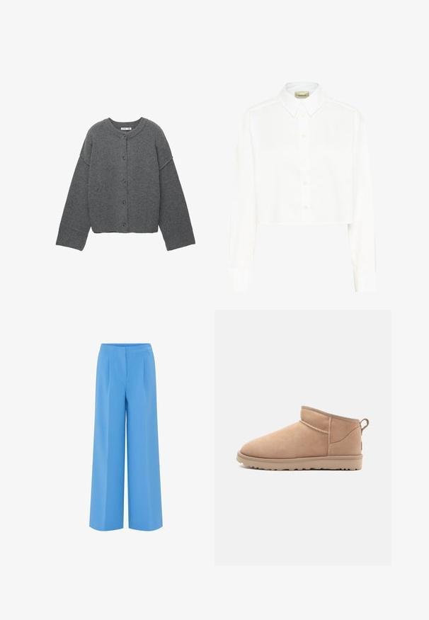 Donkergrijze cardigan met knopen, lange mouwen, geribbelde boorden, zoom en halslijn, plat gelegd tegen een witte achtergrond.; Witte cropped blouse met lange mouwen, puntige kraag en knoopsluiting aan de voorkant. Gemaakt van gladde stof met een strak, minimalistisch ontwerp.; Lange broek met wijde pijpen in effen lichtblauw, gemaakt van een zachte stof. Heeft een hoge taille met plooien, wat zorgt voor een op maat gemaakte, moderne uitstraling.; Tan suède enkellaars met een afgeronde neus, zachte textuur, eenvoudig ontwerp en een laag profiel rubberen zool. Voorzien van een trekhaak aan de achterkant.