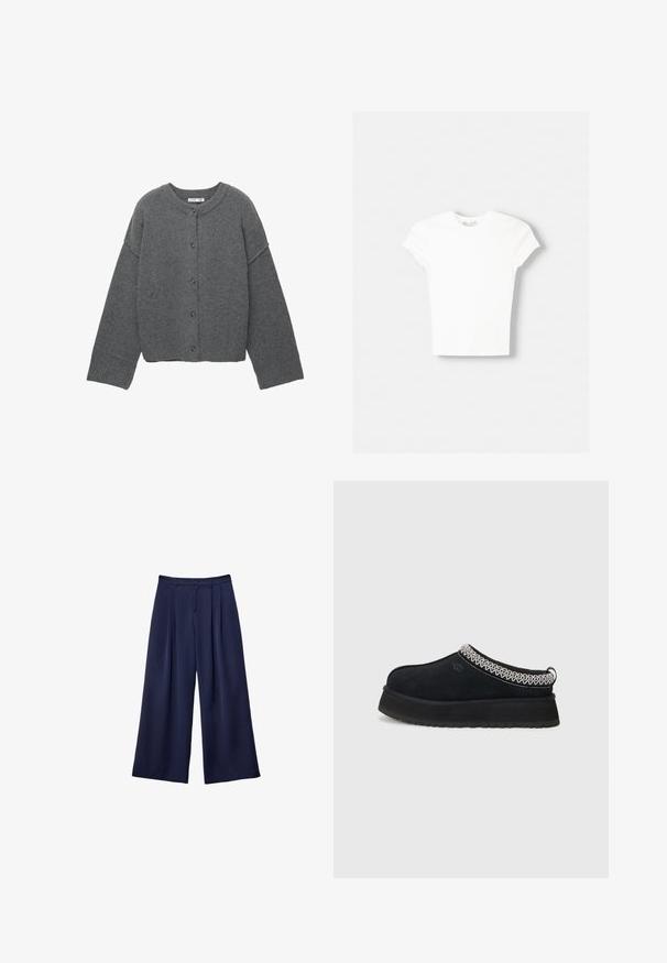 Cardigan boutonné gris foncé à manches longues, avec poignets, ourlet et encolure côtelés, présenté à plat sur un fond blanc.; T-shirt blanc à manches courtes en coton doux, avec un col rond et une coupe ajustée. Pas de motifs ni d'ornements visibles.; Pantalons larges bleu marine avec des plis, taille à boutons et passants de ceinture, présentés à plat sur un fond blanc.; Chaussure noire en daim à enfiler avec une semelle plus épaisse, présentant des accents tissés texturés blancs et noirs au col.