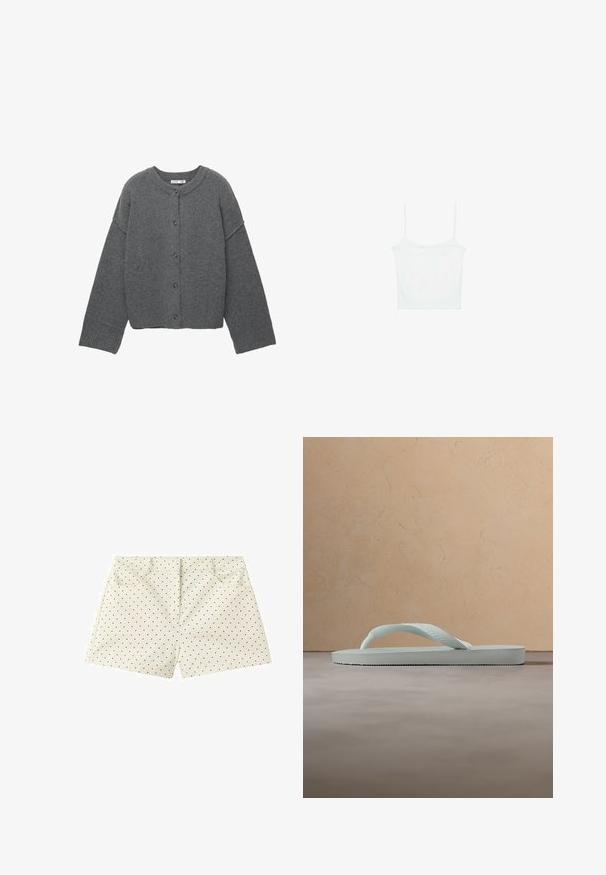Cardigan boutonné gris foncé à manches longues, avec poignets, ourlet et encolure côtelés, présenté à plat sur un fond blanc.; Stradivarius Débardeur - white; Shorts couleur crème avec petits pois noirs, poches avant et ceinture cousue.; Tongue en caoutchouc beige clair unique avec semelle texturée et bride en forme de Y sur un fond gris uni.