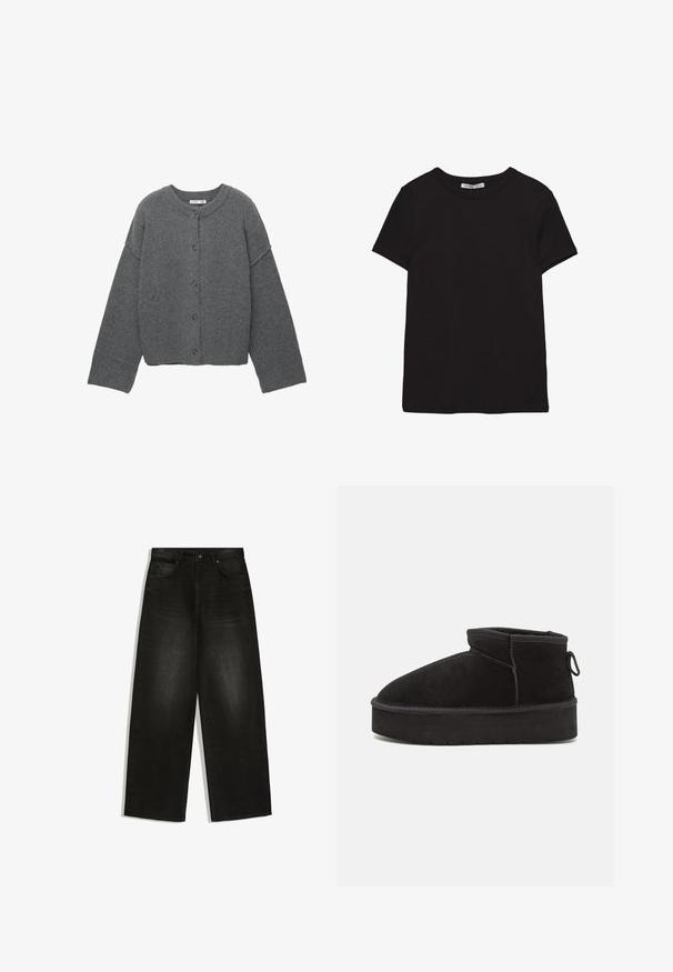 Mørkegrå cardigan med knapper, lange ærmer, ribstrikkede manchetter, kant og halsudskæring, vist fladt mod en hvid baggrund.; Sort kortærmet t-shirt i bomuld med rund halsudskæring, standard pasform og synlig indvendig halsmærkat.; Sorte jeans med vide ben, frontknap og lynlås, bæltestropper og to forlommer på hvid baggrund.; Sorte ruskinds ankelstøvler med en rund tå, der har en forhøjet sål og en sidesløjfe for nem påtagning. Designet er enkelt med minimale detaljer.