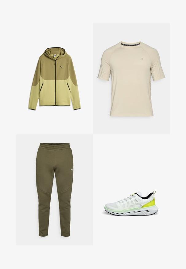 Jakke med hætte og fuld lynlås i to grønne nuancer med sort lynlås og Puma-logo på venstre bryst, lange ærmer og lynlåslommer foran.; Kortærmet beige T-shirt lavet af glat stof. Har en rund halsudskæring og et diskret logo på brystet, med et strømlinet design og uden mønstre.; Olivengrønne sweatpants med en tætsiddende pasform, elastisk talje og et lille hvidt logo på venstre side. Blødt stof med en glat overflade.; Hvid sportssko med mesh-overdel, gulgrønne accenter og en tyk, polstret sål med udskårne sektioner for åndbarhed.