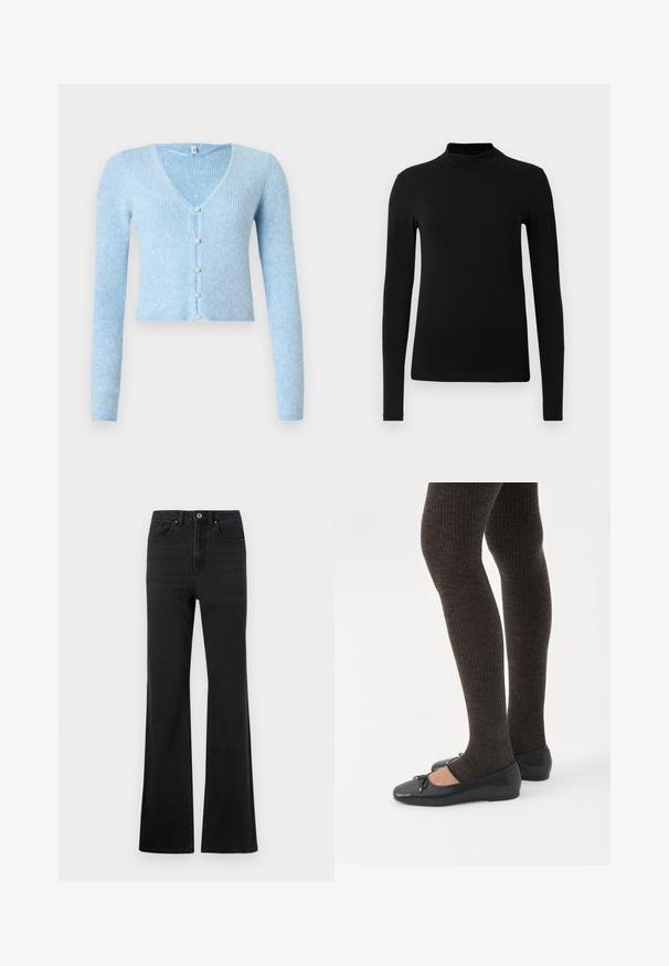 Lyseblå ribstrikket cardigan med lange ærmer og V-udskæring, med fem knapper foran og en kort skæring.; Sort langærmet turtleneck skjorte lavet af glat stof; tætsiddende design med høj krave og ingen synlige sømme. Enkel, ensfarvet.; Sorte højtaljede denim jeans med foran knap, bæltestropper og let udvidede ben mod en hvid baggrund.; Ben iført mørke ribbede leggings kombineret med sorte balletsko med små sløjfedetaljer på hvid baggrund.