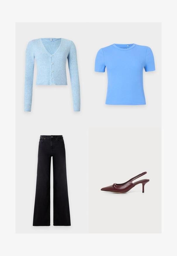 Hellblauer, gerippter Cardigan mit langen Ärmeln und V-Ausschnitt, mit fünf Knöpfen vorne und einem kurzen Saum.; Hellblaues, geripptes T-Shirt mit kurzen Ärmeln und Rundhalsausschnitt, das eine figurbetonte Form und eine glatte Textur aufweist. Keine sichtbaren Muster oder Akzente.; Hoch geschnittene schwarze weite Jeans mit vorderen Taschen, Gürtelschlaufen und einer Knopfleiste.; Bordeauxrote Leder-Slingback-Pumps mit spitz zulaufender Zehe, niedrigem Stiletto-Absatz und kleinem Knotendetail vorne, auf einfachem Hintergrund gezeigt.