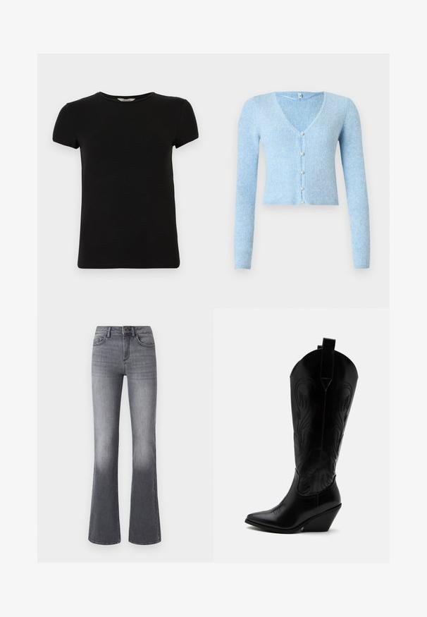 Cárdigan azul claro acanalado con mangas largas y escote en V, con cinco botones en la parte delantera y un dobladillo corto.; Camiseta negra de manga corta con cuello redondo, hecha de suave tela de algodón, que presenta un diseño simple y sin patrones ni acentos visibles.; Jeans acampanados de tiro alto en denim gris oscuro, con bolsillos frontales, cierre de botón y un sutil desgaste hacia el dobladillo.; Bota de vaquero de cuero negro con punta puntiaguda, tacón bloqueado inclinado, costuras decorativas y lengüetas en la parte superior sobre fondo blanco.