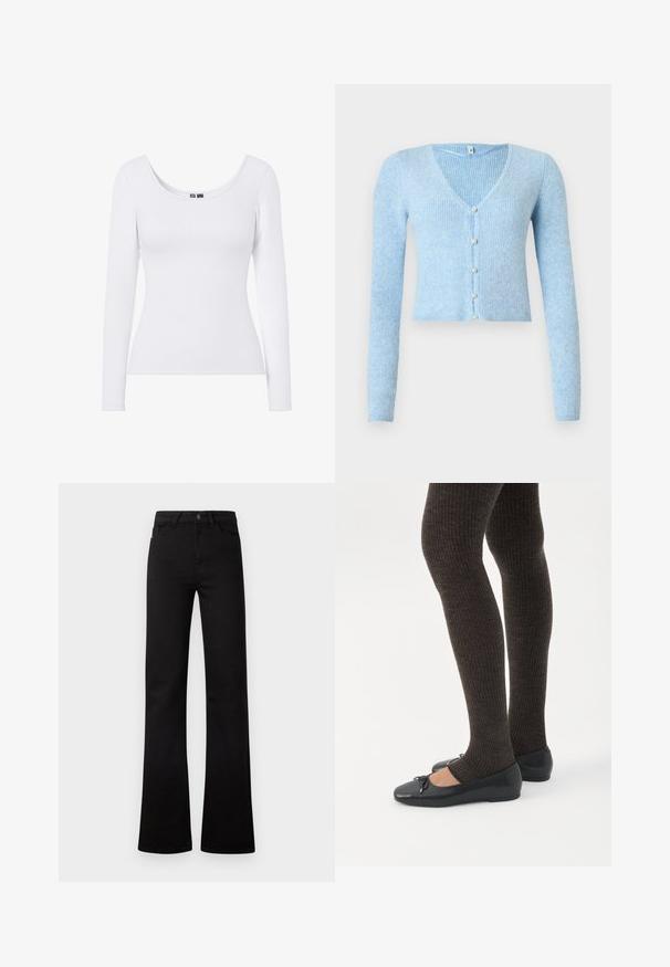 Lichtblauw geribd vest met lange mouwen en een V-hals, voorzien van vijf knopen aan de voorkant en een cropped zoom.; Witte langemouwen top met een ronde hals en geribbelde textuur, ontworpen voor een aansluitende silhouet. Geen patronen of accenten.; Zwarte high-waist jeans met rechte pijpen, voorzakken, riemlussen, een knoopsluiting en licht uitlopende zoom op een witte achtergrond.; Benen met donkere geribbelde leggings gecombineerd met zwarte ballerina's met kleine strikdetails op een witte achtergrond.