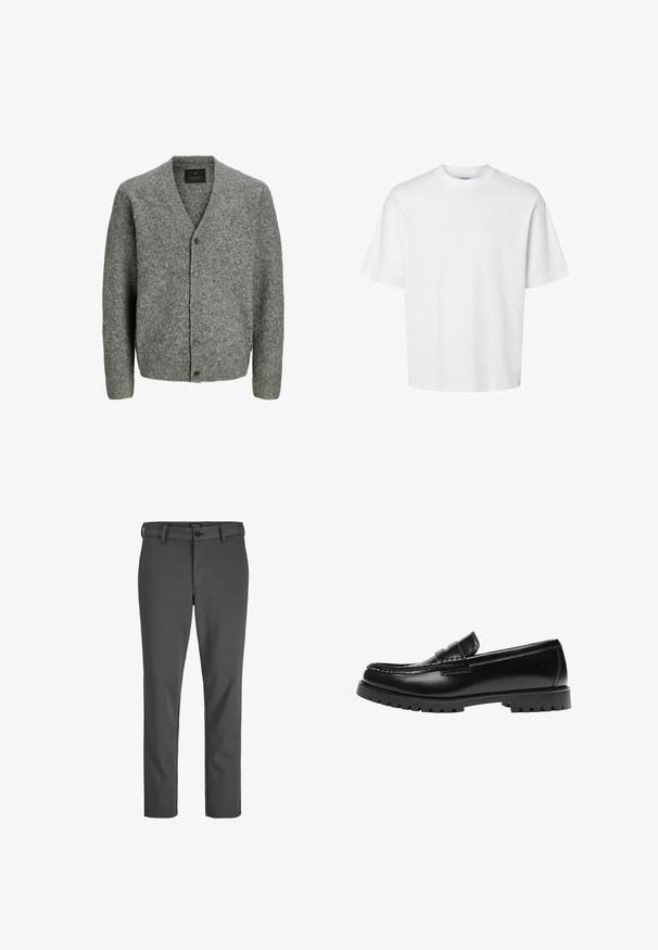 Cardigan en laine grise avec un col en V, des manches longues et six boutons à l'avant. Présente une texture douce et une coupe décontractée.; T-shirt blanc uni à manches courtes, col rond et coupe décontractée, présenté sur un fond blanc.; Pantalons gris ajustés en tissu lisse, dotés d'une fermeture à bouton et de passants de ceinture, avec une coupe droite et sans motifs visibles.; Mocassin en cuir noir avec une semelle en caoutchouc épaisse et un détail classique de bride à monnaie, vu de côté extérieur.