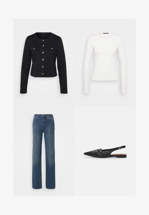 Musta pitkähihainen lyhyt takki pyöreällä kaula-aukoilla, kultanapilla sulkeminen ja kaksi rintataskua. Pehmeä kangas, jossa on sileä pinta.; Valkoinen pitkähihaisuus ribbipaita, jossa on pyöreä pääntie ja vartalonmyötäinen leikkaus. Suuri tekstuuri, jossa on yksinkertainen muotoilu, ilman kuvioita tai yksityiskohtia.; Siniset korkeavyötäröiset suorat farkut etutaskuilla, vyölenkeillä, nappi- ja vetoketjukiinnityksellä. Hieman haalistunut yksityiskohta reiden kohdalla.; Musta nahkainen slingback-tasapohjashoe, jossa on teräväkärkinen muotoilu, kaksi vaakasuoraa hihnaa ja neliönmuotoiset hopeiset soljet, matala korko ja sileä pinta.