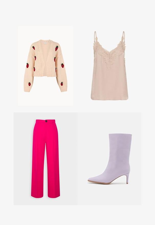 Tyk cremefarvet strikket cardigan med åben front, der har små røde jordbærmotiver med grønne blade på ærmer og krop.; Beige satin cami-top med V-udskæring og blondekant, justerbare stropper; glat tekstur med broderede blomsterdetaljer.; Fuchsia brede bukser med høj talje, frontfald og en enkelt sort knaplukning. Glat tekstur og skræddersyet design.; Even&Odd Høje støvler/ Støvler - purple