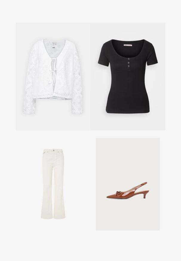 Hvid cropped bluse med lange ærmer, blonderstruktur, V-udskæring, nøglehul foran med bindsnor detalje og mønstrede forskydninger på ærmerne.; Sort ribbet t-shirt med korte ærmer og en bred rund halsudskæring. Har tre sølvknapdetaljer foran. Blød tekstur.; Hvide flared jeans lavet af bomuldsblandingsmateriale. Har fem lommer, en frontknaplukning og synlig syning langs sømmene.; Brun laklæder kilehæl med spids tå og lille sløjfedetalje på ensfarvet baggrund.