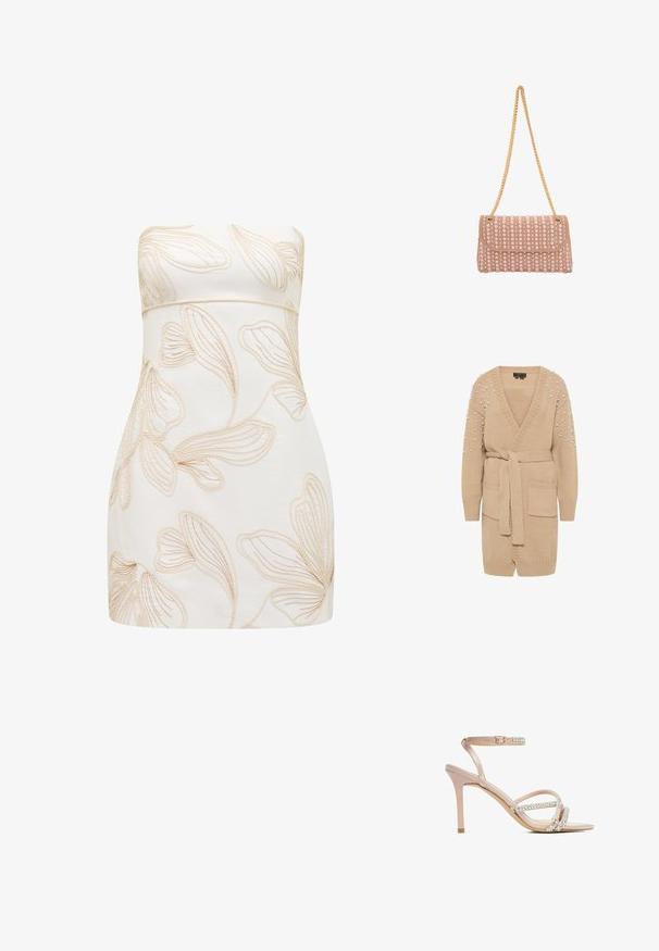 Beige strikket cardigan med V-hals, bælte, to forlommer og perleudsmykninger på skuldrene. Blød tekstur og afslappet pasform.; Strapless kjole i creme med præget blomsterdesign i lys beige. Tætsiddende design, glat tekstur, knælængde klip, og ingen synlige lukninger.; Beige højhælet sandal med tynde stropper dækket af rhinsten, ankelspænde og spids tå på hvid baggrund.; faina Clutches - champagne rose