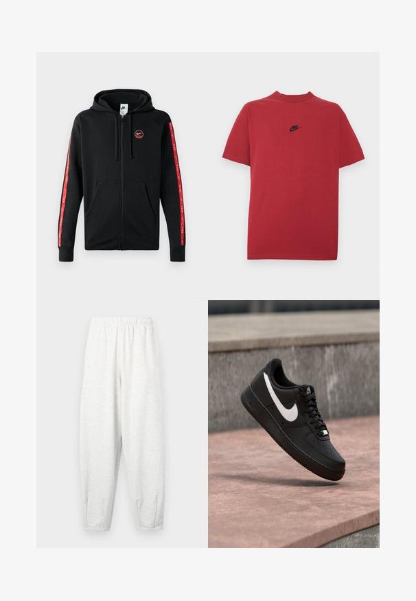 Schwarze Nike Zip-Hoodie mit Kordelzugkapuze, Fronttaschen und roten Streifen mit weißen Nike-Logos entlang der Ärmel.; Rotes Baumwoll-T-Shirt mit schwarzem Nike-Logo auf der Brust, kurzen Ärmeln, rundem Ausschnitt und normaler Passform. Glatte Textur.; Hellgraue Sweatpants aus weichem Stoff, mit einem elastischen Bund, schmal zulaufenden Beinen und Fußbündchen. Einfaches Design ohne Muster.; Schwarzer Nike Air Force 1 Sneaker mit weißem Swoosh-Logo, der über einer Steinformation schwebt, vor einem grauen strukturierten Hintergrund.