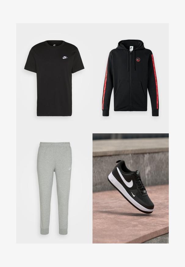 Mustakas Nike'i tõmblukkidega kapuutsiga huppar, millel on nööriga kapuuts, eestaskud ja punased triibud koos valgete Nike'i logodega varrukatel.; Must musta T-särk lühikeste varrukatega, ümmargune kaelus ja väike valge Nike logo vasakul rinnaosal. Sile tekstuur. Klassikaline lõige.; Hallid hallid dressipüksid, mis on valmistatud pehmest kangast, kitseneva sääre disainiga, elastse vöökoha ja väikese valge Nike logo abil vasakul reitel.; Mustvalge Nike Air Force 1 tossustik, mis on riputatud roosa betoonpinna kohale ja halli kiviseina taustal.