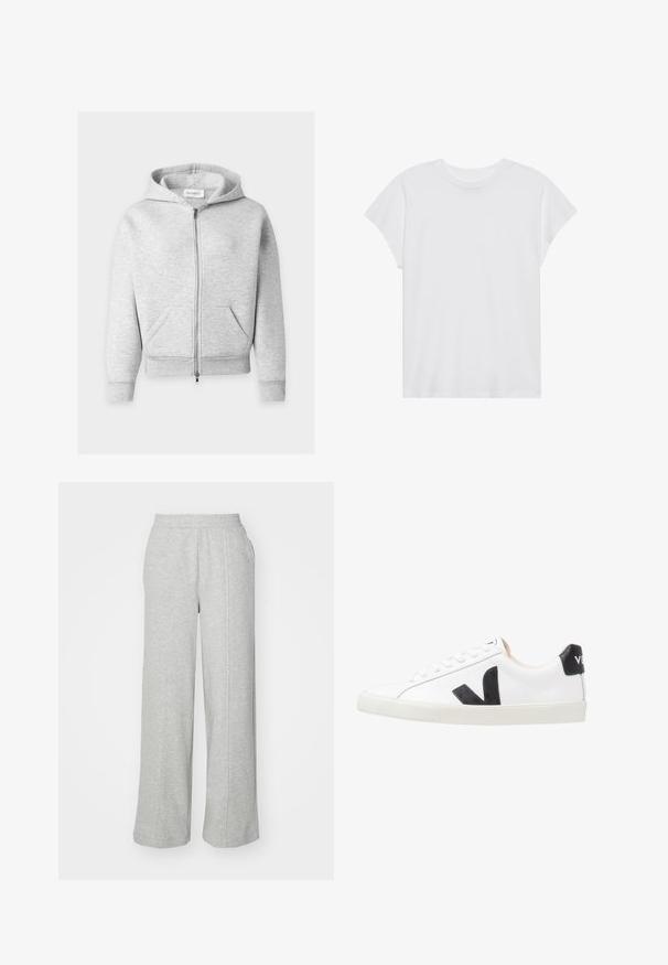 Lichtgrijze hoodie met ritssluiting, voorzakken, lange mouwen, geribde boorden en zoom, en een capuchon met trekkoord.; Witte t-shirt met korte mouwen, ronde hals, relaxte pasvorm, gemaakt van zacht katoen. Glad textuur, geen patronen of logo's.; Grijze joggingsbroek van zacht materiaal, met een wijd uitlopende pasvorm, elastische tailleband en zijzakken. Eenvoudig en casual uiterlijk.; Witte sneaker met een zwart V-logo, voorzien van een gladleren bovenwerk, ronde neus, vetersluiting en een contrasterende zwarte hieltab.