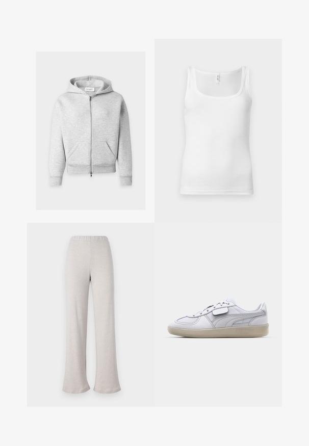 Sweat à capuche gris clair zippé, avec poches avant, manches longues, poignets et ourlet côtelés, et capuche avec cordon de serrage.; Débardeur en coton blanc avec encolure dégagée, fines bretelles et coupe ajustée. Texture lisse et style minimaliste.; Pantalons évasés beige clair en tissu texturé, avec une taille élastique et une coupe large, idéaux pour un usage décontracté.; Baskets blanches en cuir avec des accents gris, fermeture à lacets et semelle en caoutchouc texturée. Présente un logo bien en vue sur le côté.