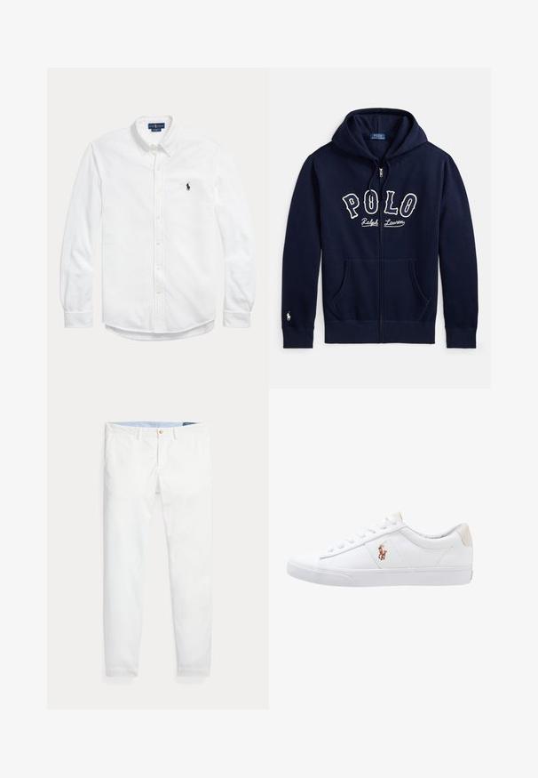 Tmavomodrá mikina na zips s prednými vreckami, kapucňou so šnúrkami, textom "Polo Ralph Lauren" na hrudi a malou bielou výšivkou loga na manžete ľavého rukáva.; Biela košeľa s dlhým rukávom na gombíky, golierom na gombíky a malým tmavým logom Polo Ralph Lauren na ľavej strane hrudníka.; Biele bavlnené chino nohavice s úzkym strihom, so zlatým jedným gombíkom na zapínanie a svetlomodrým vnútorným pásom. Hladká textúra bez vzorov.; Biele plátenné tenisky s nízkym strihom, ktoré majú béžový opasok na päte a malé vyšívané logo na boku. Gumová podrážka.