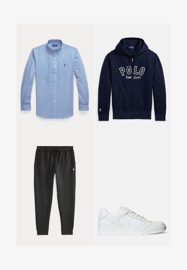Laivastonsininen vetoketjullinen huppari, jossa etutaskut, kiristysnauhalla varustettu huppu, "Polo Ralph Lauren" -teksti rinnassa ja pieni valkoinen logokirjailu vasemman hihan resorissa.; Polo Ralph Lauren CUSTOM FIT - Vapaa-ajan kauluspaita - blue/white; Tummanharmaat rento housut, joissa säädettävä kiristysnauhavyötärö ja pieni valkoinen Polo-logo vasemmassa reisissä ylhäällä.; Valkoinen nahkakenkä, jossa on sileä pinta, varustettuna rei'itetyllä varpaalla, nauhakäytöllä ja brodeeratulla logolla sivulla. Valkoinen kumipohja.