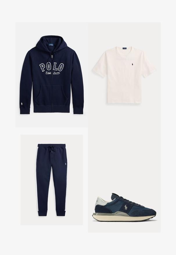 Marineblauer Kapuzenpullover mit Reißverschluss, Fronttaschen, Kapuze mit Kordelzug, "Polo Ralph Lauren"-Schriftzug auf der Brust und kleiner weißer Logo-Stickerei am linken Ärmelbündchen.; Weißes Kurzarm-T-Shirt mit rundem Ausschnitt und kleinem navyblauem Polo Ralph Lauren-Logo auf der linken Brust.; Marineblaue Jogginghosen mit weißen Seitenpanelen, elastischem Bund mit Kordelzug, gerippten Bündchen und einem kleinen bestickten Logo am oberen Bein.; Marineblauer und weißer Sneaker mit Velours- und Stoffeinsätzen, weißem Logo an der Seite, weißem Fersenlaschen und beiger Sohle mit schwarzer Laufsohle.