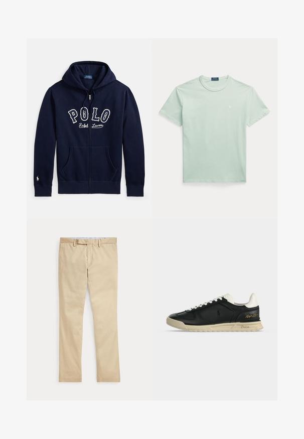 Marineblauwe hoodie met ritssluiting, voorzakken, capuchon met trekkoord, "Polo Ralph Lauren" tekst op de borst en een klein wit logo geborduurd op de linkermouw manchet.; Lichtgroen T-shirt met korte mouwen en ronde hals, met een klein wit Polo Ralph Lauren-logo op de linkerborst en een blauw merketiket aan de binnenkant van de kraag.; Beige broek met rechte pijpen, ceintuurlussen en een voorrits, plat gelegd tegen een witte achtergrond.; Zwarte leren sneaker met witte veters en hiel, beige zool met reliëf "Polo" en gouden "Ralph Lauren" handtekening aan de zijkant.