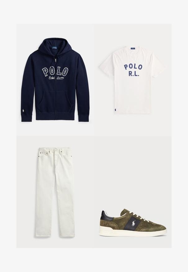Marineblauer Kapuzenpullover mit Reißverschluss, Fronttaschen, Kapuze mit Kordelzug, "Polo Ralph Lauren"-Schriftzug auf der Brust und kleiner weißer Logo-Stickerei am linken Ärmelbündchen.; Weißes kurzärmeliges T-Shirt mit dunkelblauem Text "POLO R.L." auf der Brust und einem kleinen dunkelblauen Polo Ralph Lauren-Logo nahe dem unteren Saum.; Weiße Denim-Jeans mit geradem Schnitt, ausgestattet mit fünf Taschen, Metallknöpfen und Ziernähten entlang der Nähte. Glatte Textur.; Olivgrüne Wildleder-Sneaker mit einem navyblauen Akzentpanel, weißen Schnürsenkeln und einem Logo. Sie verfügen über eine strukturierte Oberfläche und eine weiße Gummisohle.