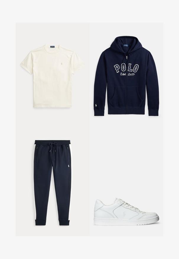 Marineblå lynlåshættetrøje med forlommer, snøre i hætten, "Polo Ralph Lauren"-tekst på brystet og lille hvidt logo broderet på venstre ærmekant.; Flødefarvet bomulds-T-shirt med korte ærmer. Har et diskret broderet logo på venstre bryst og rund hals.; Marineblå joggerbukser med hvide sidelommer, lynlåslommer, snøre i taljen og lille hvidt logo på højre lår.; Hvide lædersneakers med en glat tekstur, der har en perforeret tå, snørebåndslukning og broderet logo på siden. Hvid gummisål.