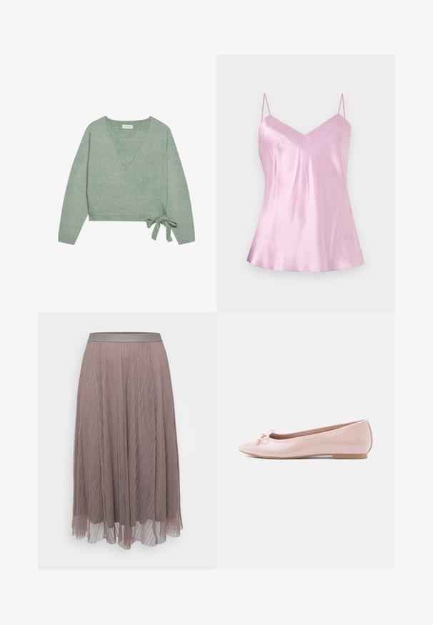 Grøn indpakningscardigan i blødt strikmateriale med V-halsudskæring, lange ærmer og en bånddetalje i taljen. Glat tekstur, cropped design.; Lyserød satin camisole med tynde, justerbare spaghetti-stropper og en let V-udskæring, vist mod en ensartet hvid baggrund.; Plisseret midiskørt i blød mauve med en glat satin-linning. Letvægts, flydende materiale med lodrette striber og gennemsigtige lag.; Rosa lakballetsko med spids tå og en dekorativ sløjfe foran. Har en flad sål og sømløst design.