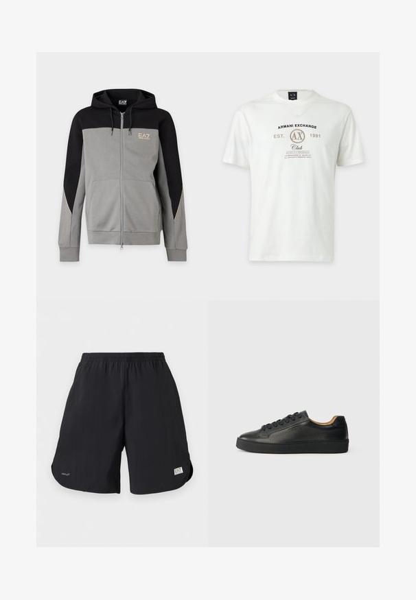 Sweat à capuche zippé gris et noir avec poches avant et logo EA7 Emporio Armani sur la poitrine.; T-shirt blanc à manches courtes Armani Exchange avec logo, "AX," et texte "Armani Exchange Est. 1991 Club Strictly Personal" imprimés sur le devant.; Shorts décontractés noirs avec taille élastique, petit texte "VENTUS7" sur la jambe gauche, et écusson logo EA7 Emporio Armani sur l'ourlet de la jambe droite.; Baskets basses en cuir noir avec surface texturée, lacets noirs et semelle en caoutchouc épaisse, présentées de côté sur un fond clair.