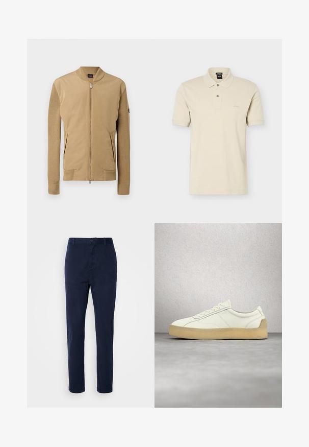 Beige jas met gebreide mouwen en geribbelde kraag, rits aan de voorkant, zijzakken en een klein zwart logopatch op de linkermouw.; Beige polo met korte mouwen en twee knopen, normale pasvorm, met klein "BOSS" logo op de linkerborst.; Marineblauwe chinos gemaakt van lichtgewicht stof, met een recht toe-gevoegde ontwerp, drukknopsluiting en zijzakken. Glad van textuur zonder patronen.; Witte leren sneaker met beige zool, veters gestrikt, zwevend boven een gepolijste betonnen vloer nabij een glazen blokmuur en een witte pilaar.